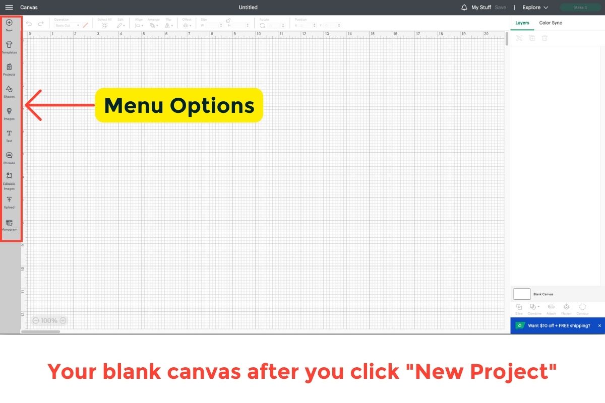 Cricut menu options.