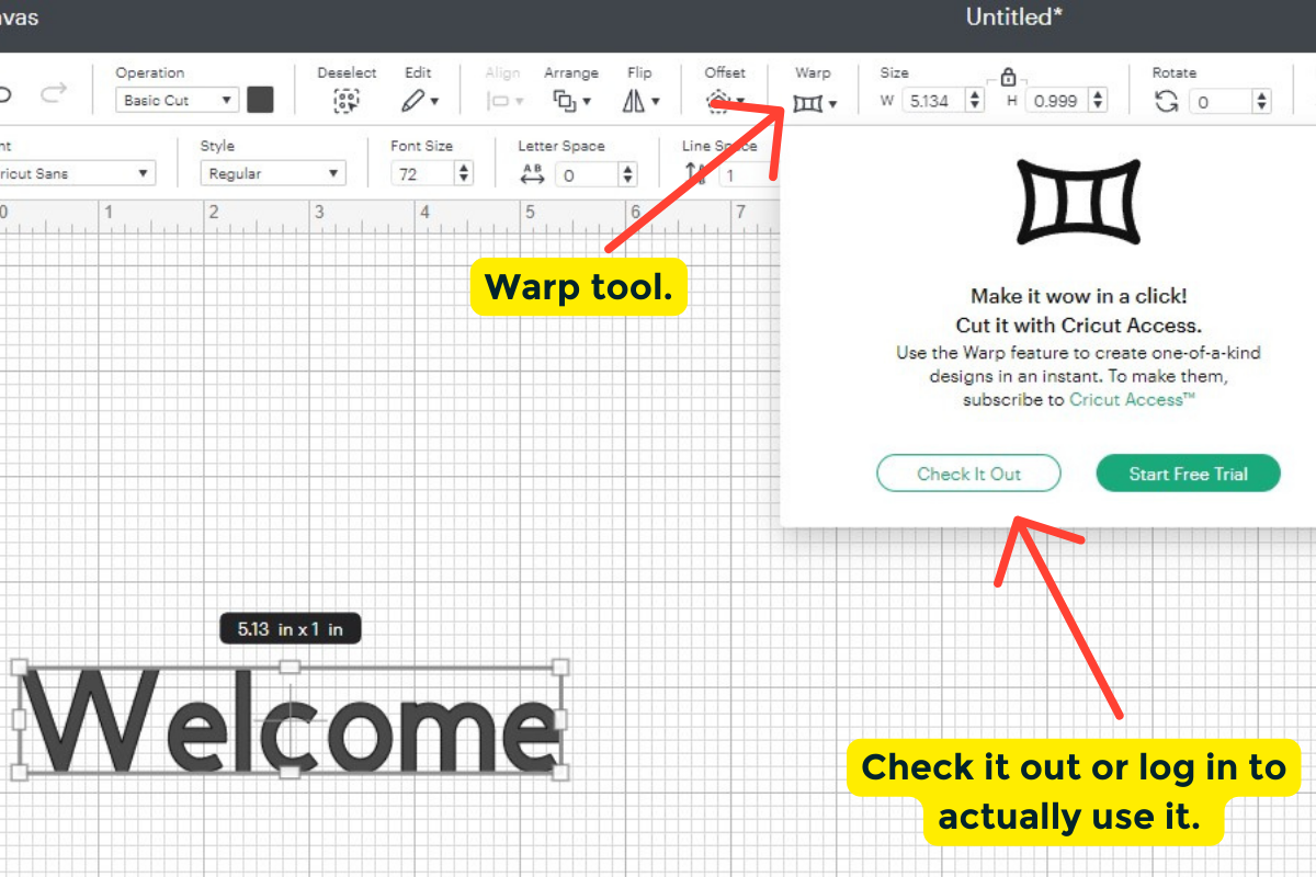 Where the warp tool is located and shows you can either check it out or start a free trial.