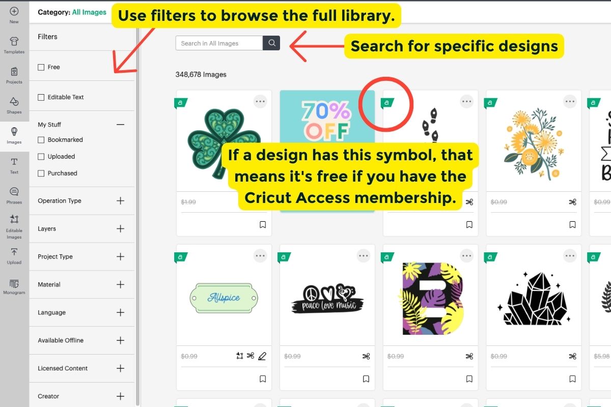 How to use filters to browse library and search for specific designs, showing which items are free and which require Cricut access. 