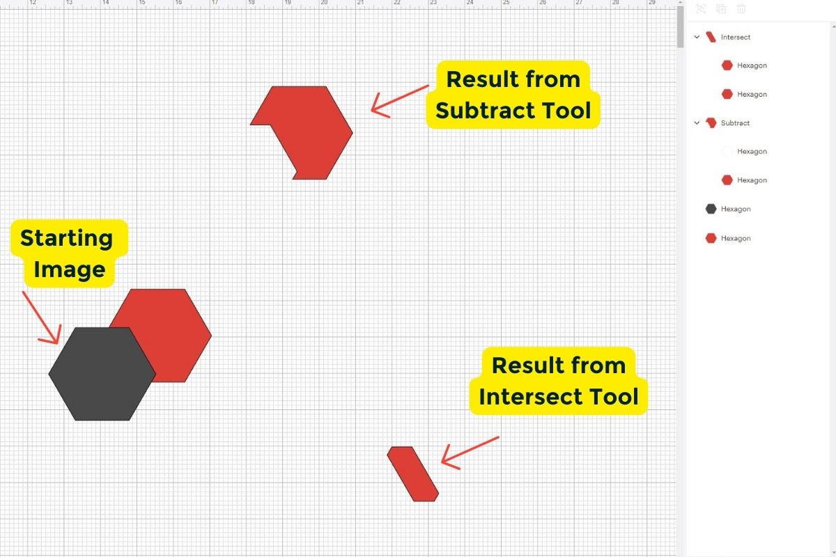 An image showing two hexagons and then the result from using the subtract tool and the intersect tool. 