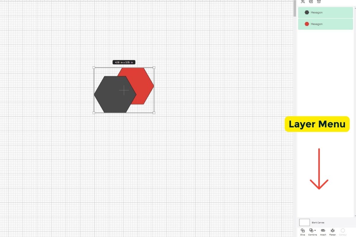 Two hexagons one gray one red showing the layer menu. 