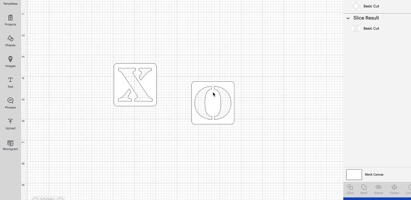X and O template made in Cricut Design Space.