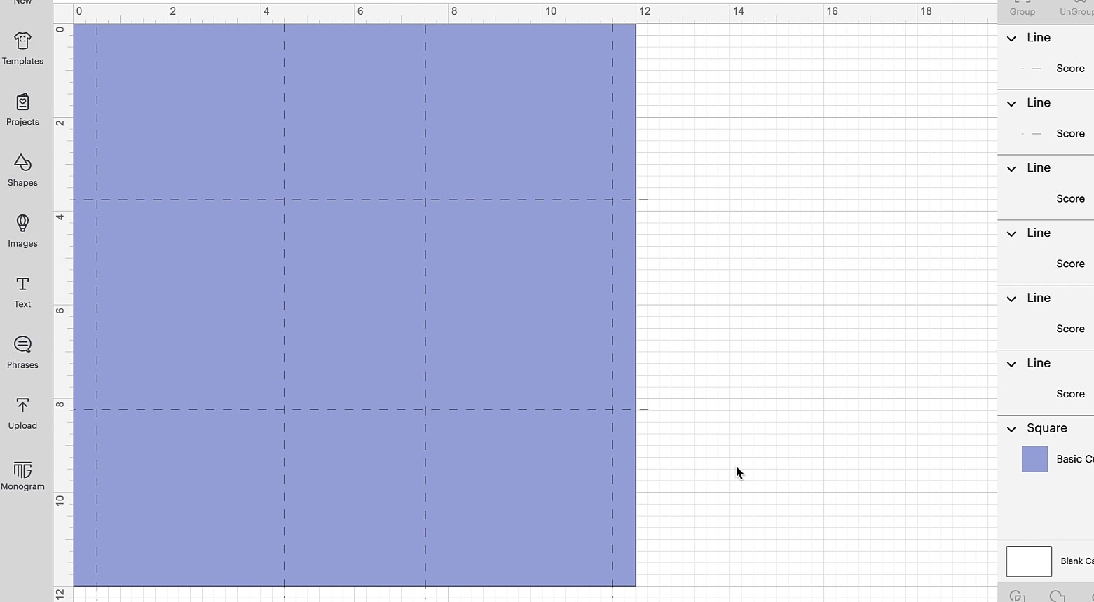 Twelve by twelve square in design space with score lines.